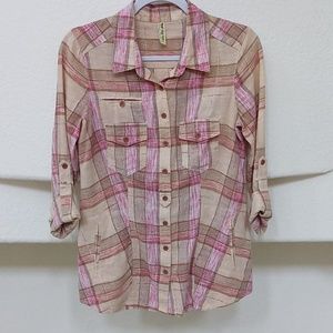 Free People] Vintage Linen Pink and Tan Flannel Relaxed XS/S